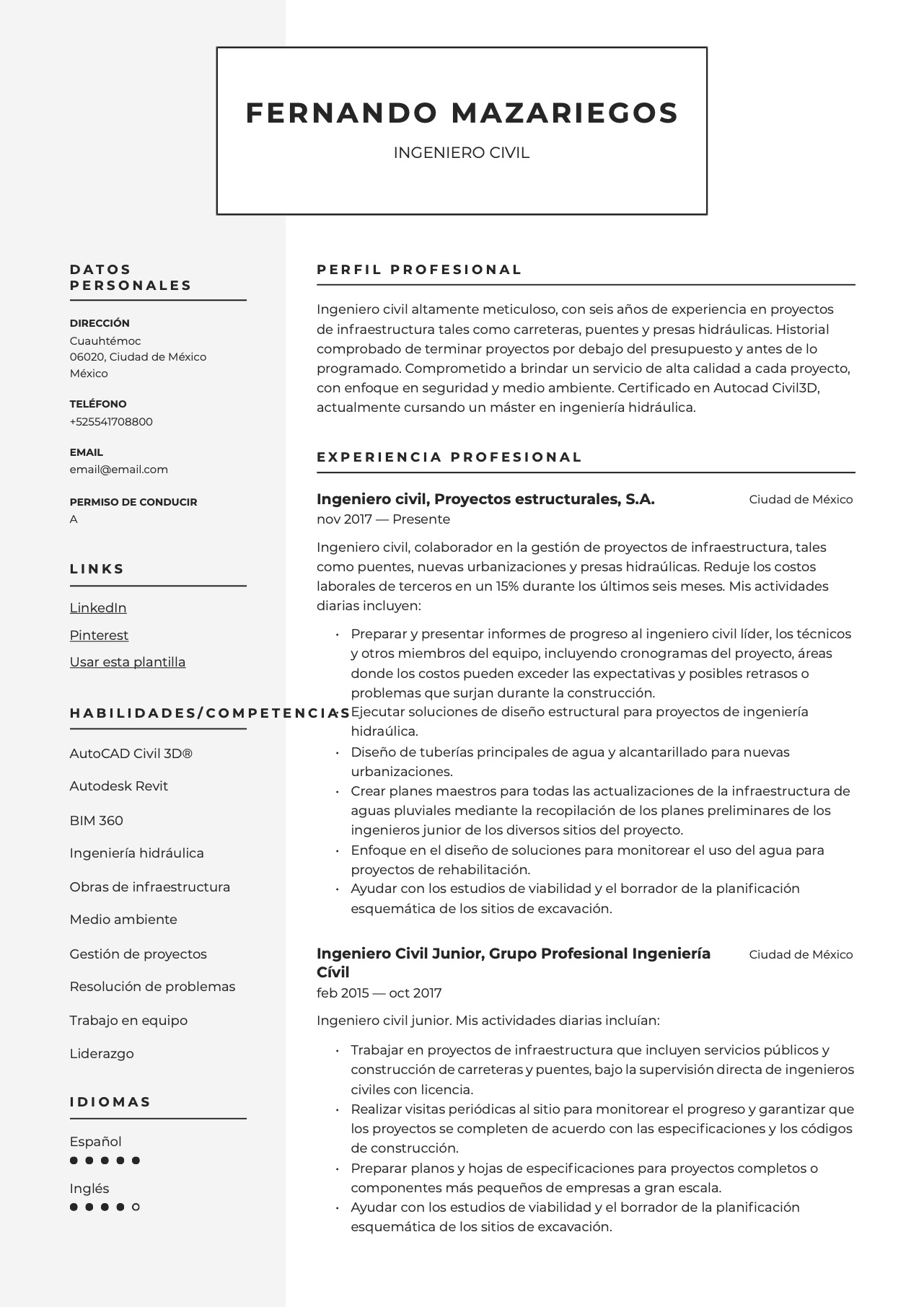Currículum para Ingeniero civil - Crea tu CV GRATIS - 18 plantillas